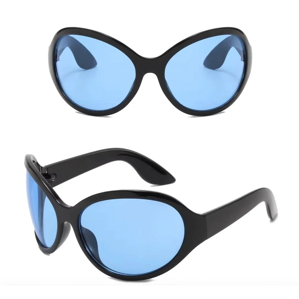 Men's Oversized Black Frame Blue Lens Butterfly Sunglasses UV Protection Fashion